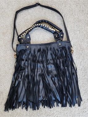 Black Fringe Shoulder Bag with Gold-Trim Handle